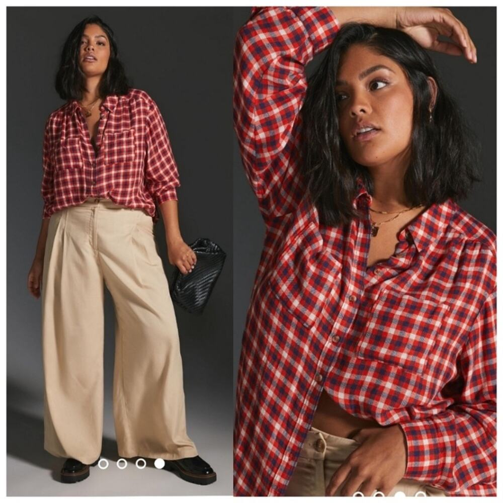 Anthropologie Pilcro Plaid Relaxed Button Up Shirt Red Motif Viscose Wool M